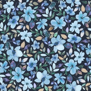 Moody Floral - Elegant watercolor floral Winter dark floral Navy Blue Medium