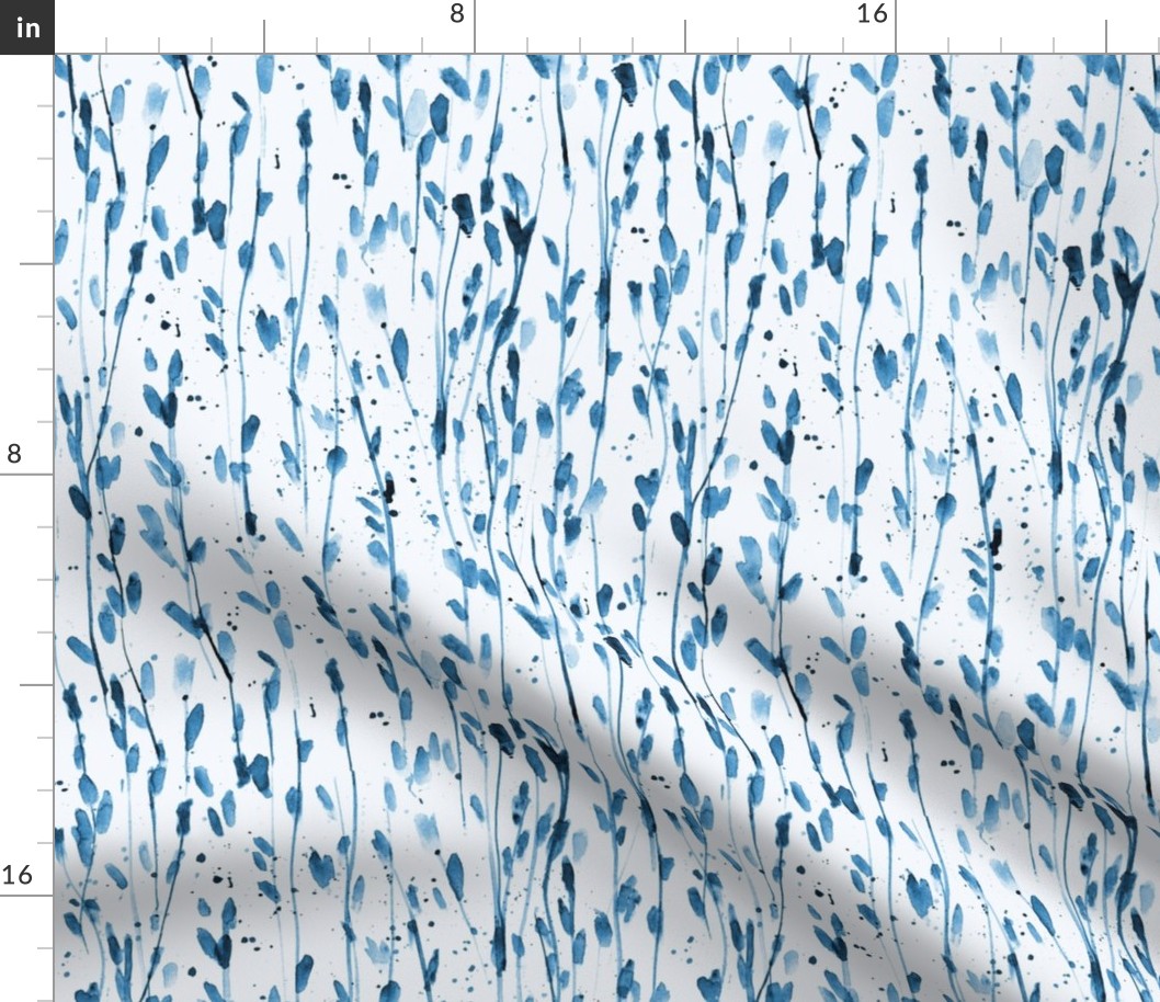 Denim blue whimsical brush strokes forest - watercolor loose branches - painted splatter leaves trees nature for modern home decor a568-13