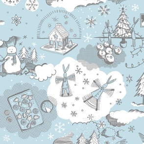 Winter holiday hares - toile de Jouy blue