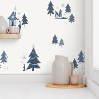 Winter Woodland Holiday Toile - blue and cream - medium