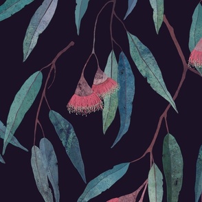 eucalyptus leaves with pink flowers on violet