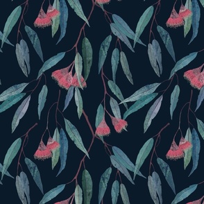 eucalyptus with pink flowers on navy /scale/