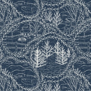 Winter Holiday Toile - Navy (#29384c) and Natural (#fefdf4)