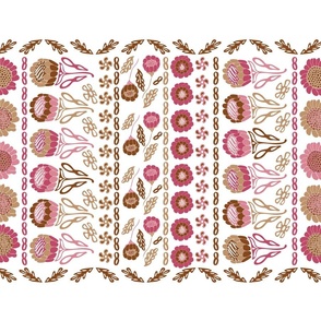  Flower Garden TeaTowel, reds, brown, tan, on White background, wall hanging, Order a Fat Qtr on Linen Cotton canvas (or any 54"+wide) for best fit!