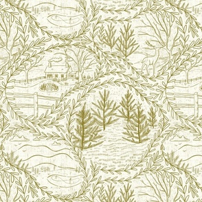 Winter Holiday Toile - Natural (#fefdf4) with moss 9#8b7f37)