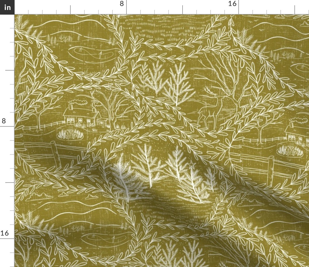 Winter Holiday Toile - Moss (#8b7f37) and Natural (#fefdf4)