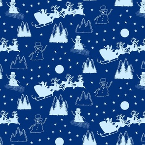 Christmas Toile navy blue aqua reindeer sledge