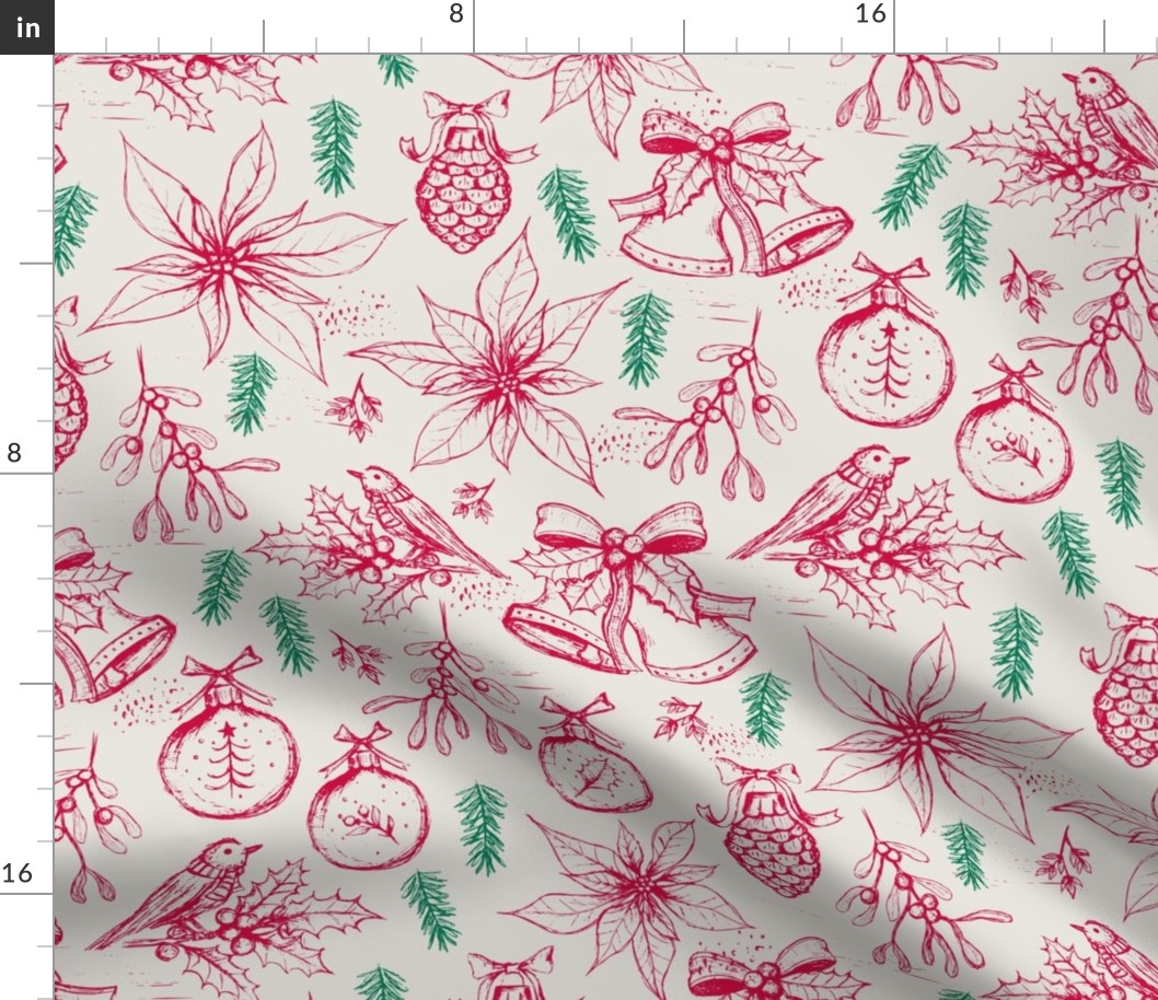 Red and Green Woodland Christmas Toile