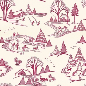 Vintage Christmas fabric toile in retro red
