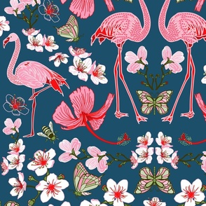 Cherry Blossom Flamingdango on Moroccan blue - Flamingoes