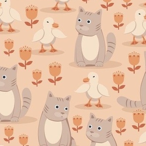 Cute beige cats with ducklings on a peach background