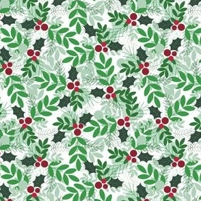 Christmas Holly // Normal Scale //  White Background // Winter Time // Winter Holidays // Dark Light Green // Red Xmas Plants // Cotton //