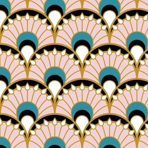 Fancy cotton candy scallop fans - Art Deco Joy - Lagoon, Mustard, pink and black - Petal Solids Coordinate - large
