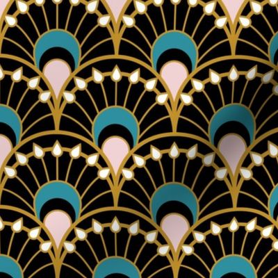 Fancy black scallop fans - Art Deco Joy - Lagoon, Mustard, Cotton Candy - Petal Solids Coordinate - medium