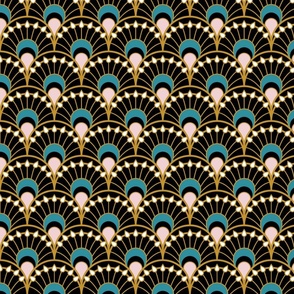 Fancy black scallop fans - Art Deco Joy - Lagoon, Mustard, Cotton Candy - Petal Solids Coordinate - medium