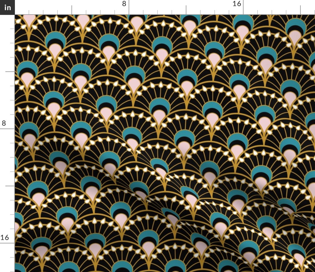 Fancy black scallop fans - Art Deco Joy - Lagoon, Mustard, Cotton Candy - Petal Solids Coordinate - medium