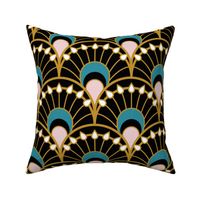 Fancy black scallop fans - Art Deco Joy - Lagoon, Mustard, Cotton Candy - Petal Solids Coordinate - large