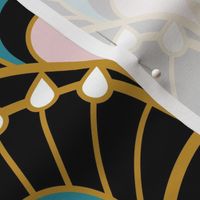 Fancy black scallop fans - Art Deco Joy - Lagoon, Mustard, Cotton Candy - Petal Solids Coordinate - large