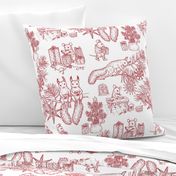 Woodland Christmas toile - red on white - happy woodland animals prepare for Christmas - large scale