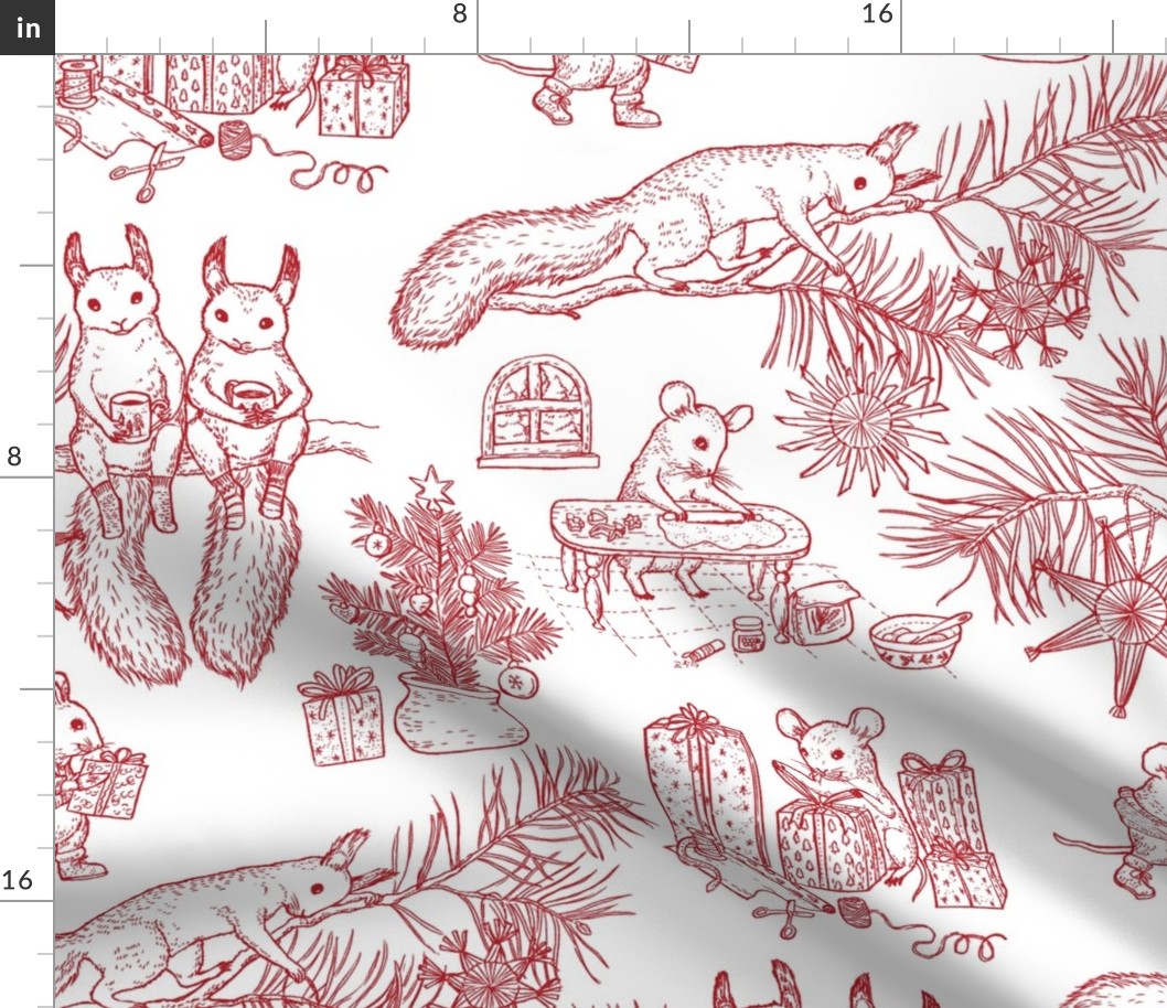 Woodland Christmas toile - red on white - happy woodland animals prepare for Christmas - large scale