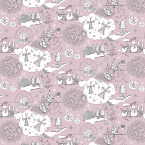 Winter holiday hares - toile de Jouy  rose