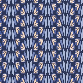 352 - Art Deco/Nouveau Stylized Petal Fan in french blue, indigo and cream: medium scale for apparel, wallpaper, home furnishings, bagmaking and interior decor