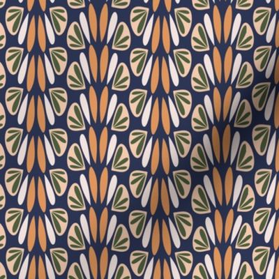 352 - Art Deco/Nouveau Stylized Petal Fan in inky blue, blush, pine green and soft orange: jumbo scale for wallpaper, home furnishings, bagmaking and interior decor