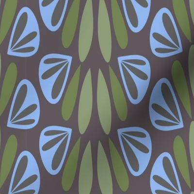 352 $ - Art Deco/Nouveau Stylized Petal Fan in sage green, soft gray and mid blue: jumbo scale for wallpaper, home furnishings, bagmaking and interior decor