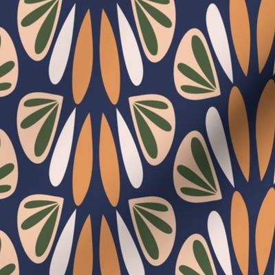 352 - Art Deco/Nouveau Stylized Petal Fan in inky blue, blush, pine green and soft orange: jumbo scale for wallpaper, home furnishings, bagmaking and interior decor