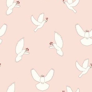 Peace dove pattern with cute branches of berries in soft pale pink background