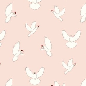 Medium - Peace dove pattern with cute branches of berries in soft pale pink background