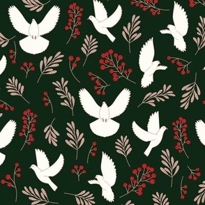 Medium - Dark pattern with white peace doves and winter botanical illustrations