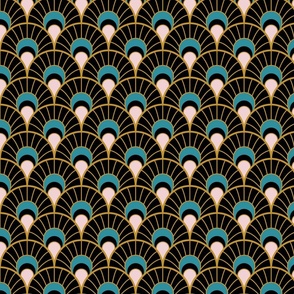 Black Scallop fans - Art Deco Joy - Lagoon, Mustard, Cotton Candy - Petal Solids Coordinate - medium