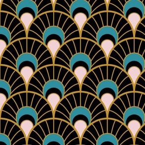 Black Scallop fans - Art Deco Joy - Lagoon, Mustard, Cotton Candy - Petal Solids Coordinate - large
