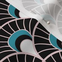 Black,  Cotton Candy and Lagoon Scallop fans - Art Deco Joy - Petal Solids Coordinate - medium