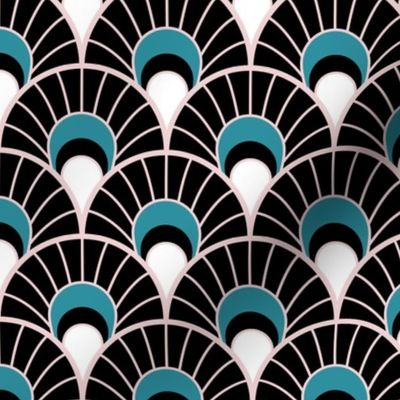 Black,  Cotton Candy and Lagoon Scallop fans - Art Deco Joy - Petal Solids Coordinate - medium