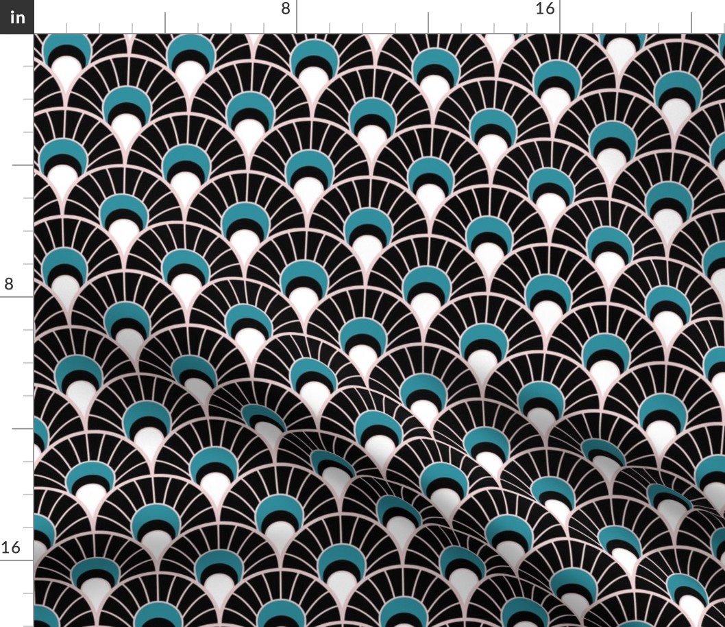 Black,  Cotton Candy and Lagoon Scallop fans - Art Deco Joy - Petal Solids Coordinate - medium