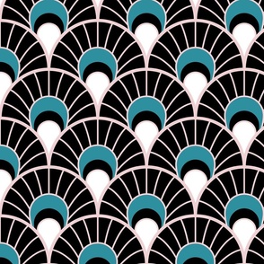 Black,  Cotton Candy and Lagoon Scallop fans - Art Deco Joy - Petal Solids Coordinate -  large