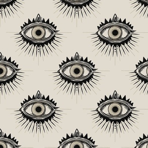 Ornate, radiant boho eyes - retro, tattoo style - black and neutral - large