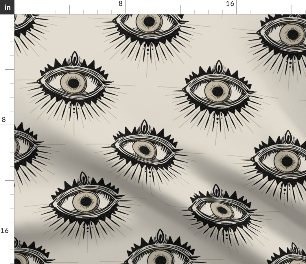 Ornate, radiant boho eyes - retro, tattoo style - black and neutral - large