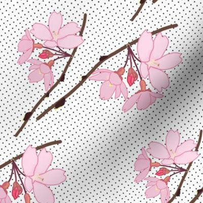 Cherry Blossom Flourish - white with blue spot, medium 