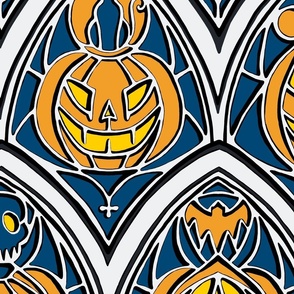 Window pumpkins - XLarge size - orange and navy - pumpkins, halloween, gothic, hand-drawn, Art Deco 