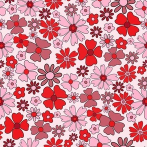 retro valentines floral fabric - pink and red flowers
