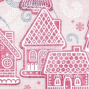 Gingerbread Village Xmas Toile Pink Large- Christmas Gingerbread House Cookies- Pink- Teal- White- Winter Holiday