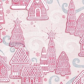 Gingerbread Village Xmas Toile Pink Small- Christmas Gingerbread House Cookies- Pink- Teal- White- Winter Holiday
