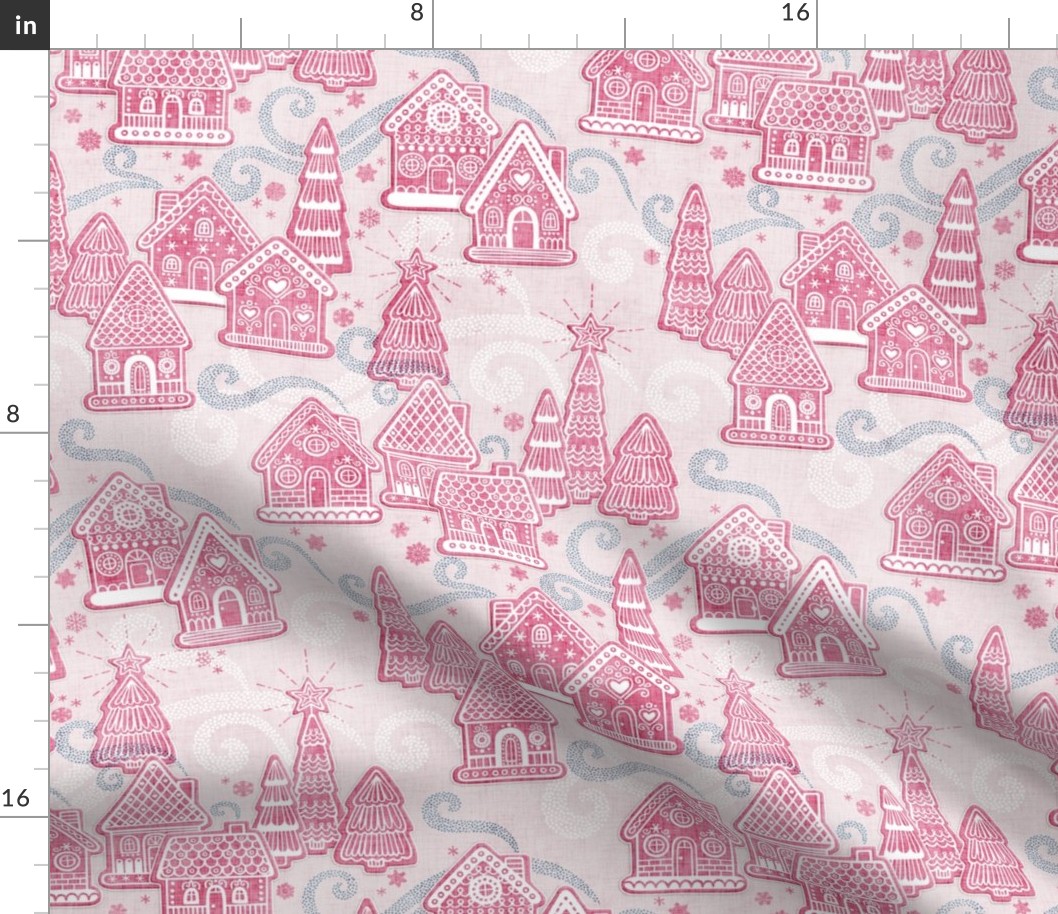 Gingerbread Village Xmas Toile Pink Small- Christmas Gingerbread House Cookies- Pink- Teal- White- Winter Holiday