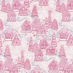 Gingerbread Village Xmas Toile Pink Mini- Christmas Gingerbread House Cookies- Pink- Tela- White- Winter Holiday
