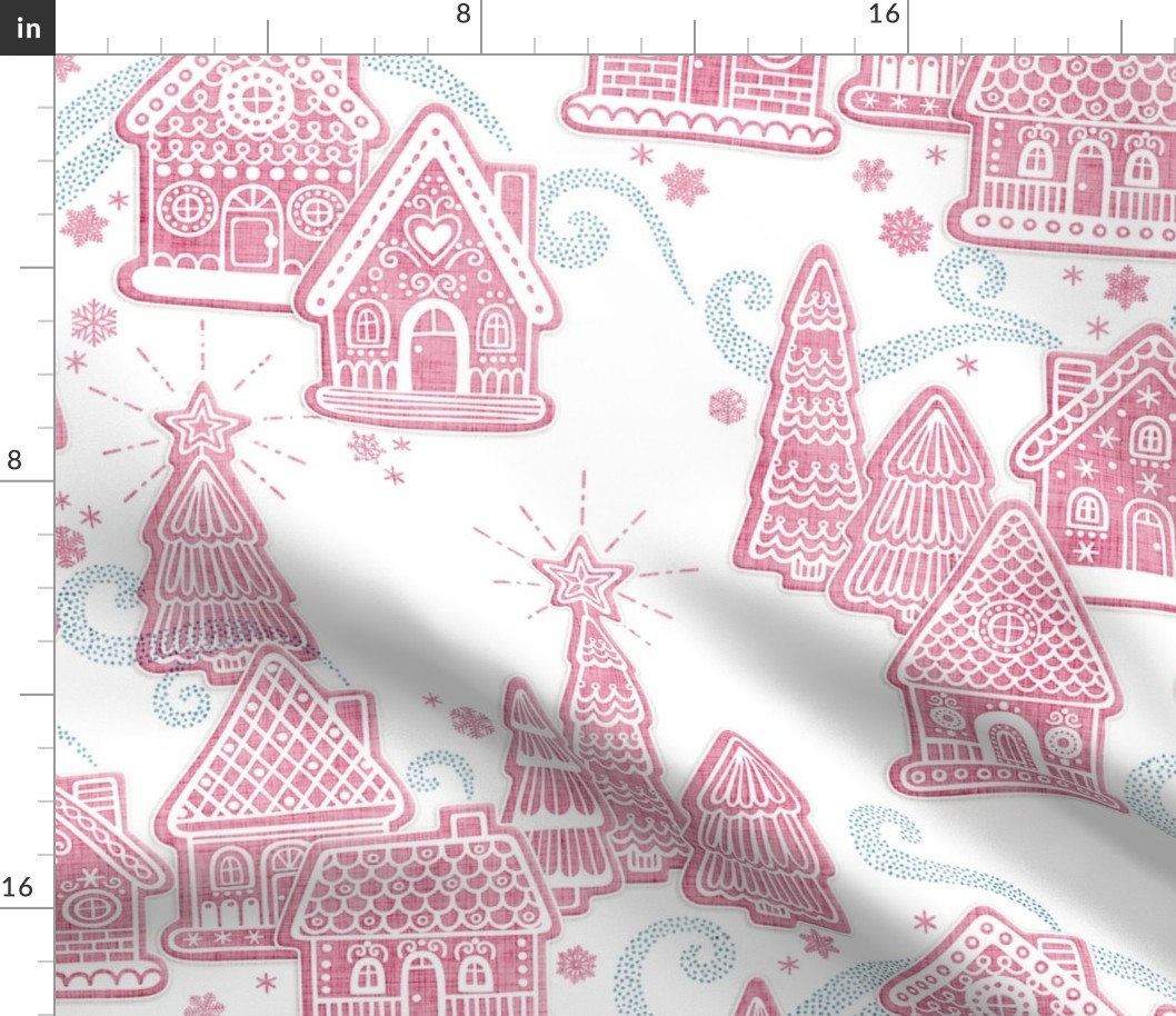 Gingerbread Village Xmas Toile White Large- Christmas Gingerbread House Cookies- Pink- Mint- White- Winter Holiday