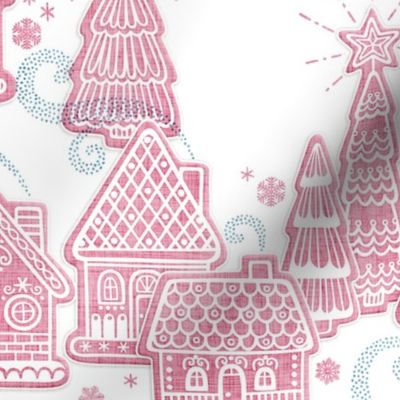 Gingerbread Village Xmas Toile White Medium- Christmas Gingerbread House Cookies- Pink- Mint- White- Winter Holiday