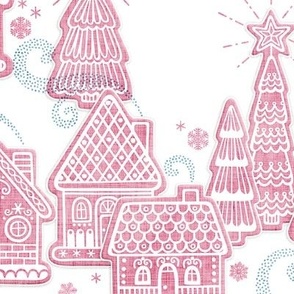 Gingerbread Village Xmas Toile White Medium- Christmas Gingerbread House Cookies- Pink- Mint- White- Winter Holiday